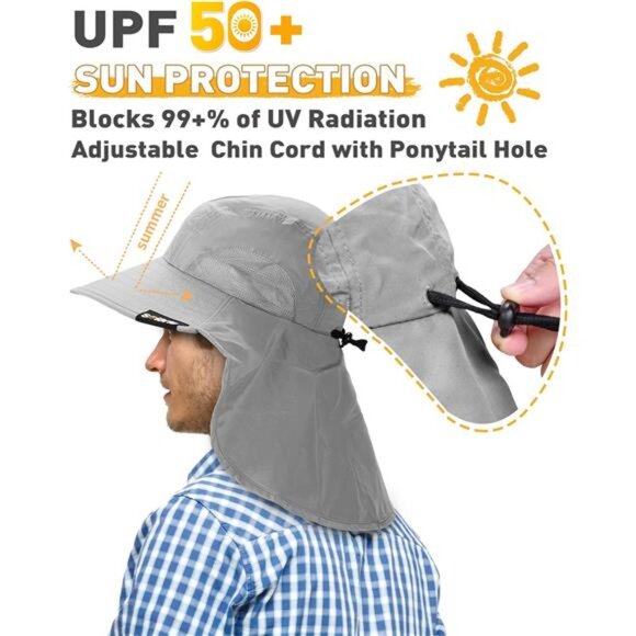 Neck Flap Sun Hat with Wide Brim - UPF 50+ Hiking Safari Fishing Caps for Men - Picture 5 of 7